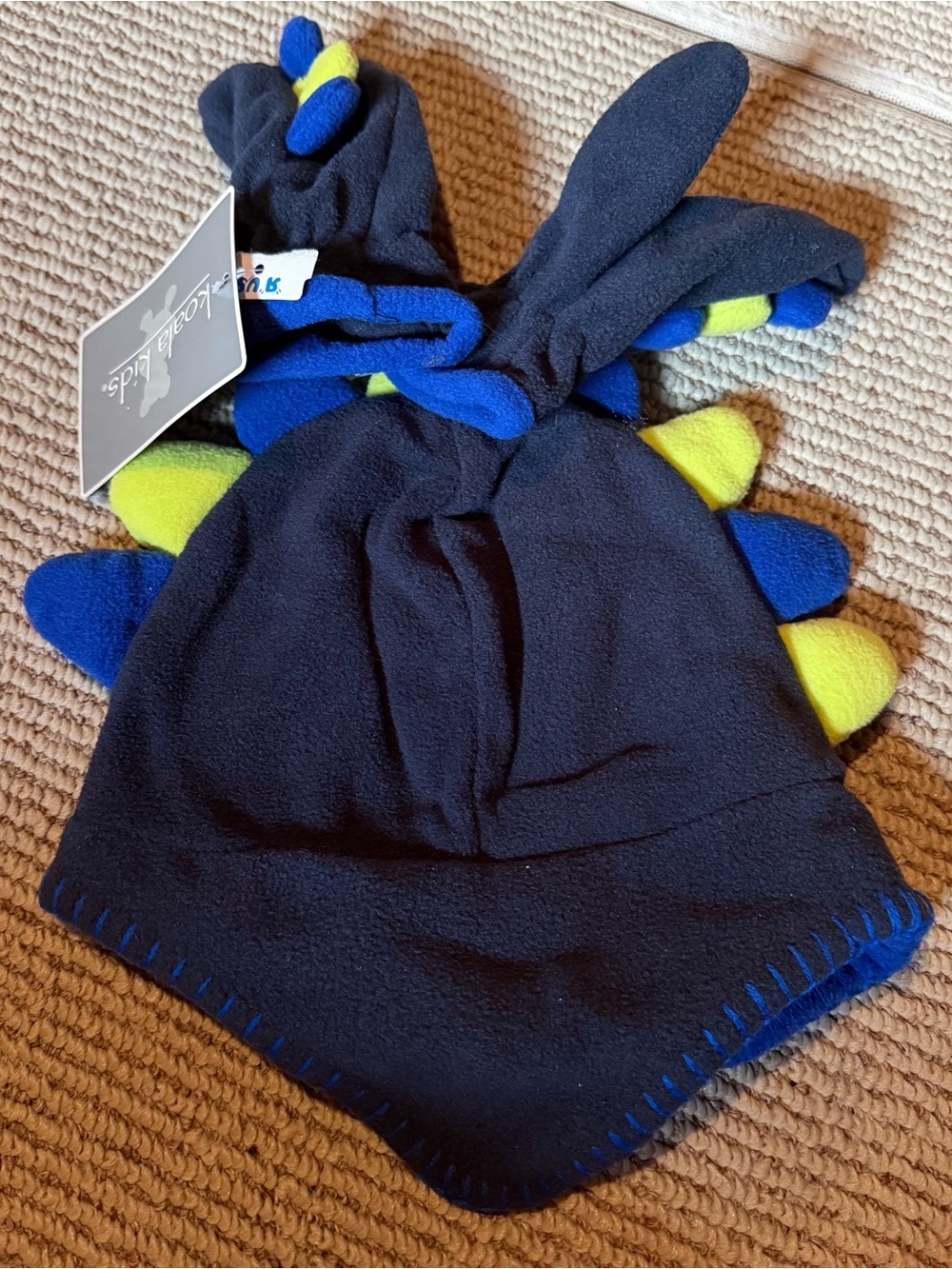 Kids Navy Blue Dino Fleece Hat with Lime & Royal Spikes and Mittens